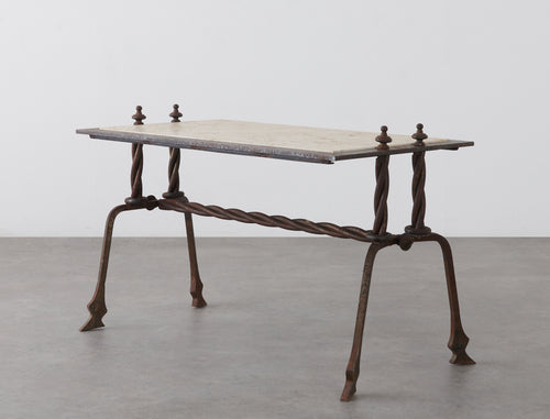 FRENCH IRON AND TRAVERTINE SIDE TABLE